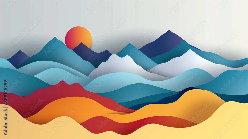 Panorama of the vast mountain range. Paper cut style. Layers of paper with different color tones to show the depth and distance of the mountain. Panorama of the vast mountain range. Paper cut style. Layers of paper with different color tones to show the depth and distance of the mountain.