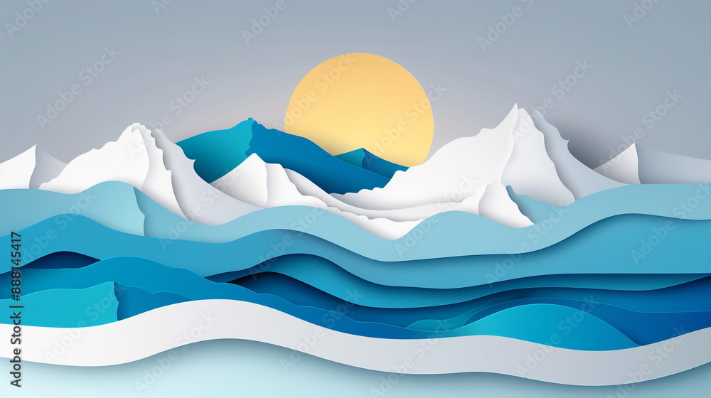 Panorama of the vast mountain range. Paper cut style. Layers of paper with different color tones to show the depth and distance of the mountain. Panorama of the vast mountain range. Paper cut style. Layers of paper with different color tones to show the depth and distance of the mountain.