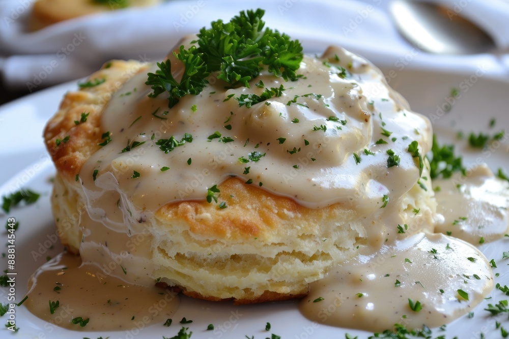 Buttermilk biscuit, A fluffy, buttery biscuit with gravy, AI generated Buttermilk biscuit, A fluffy, buttery biscuit with gravy, AI generated