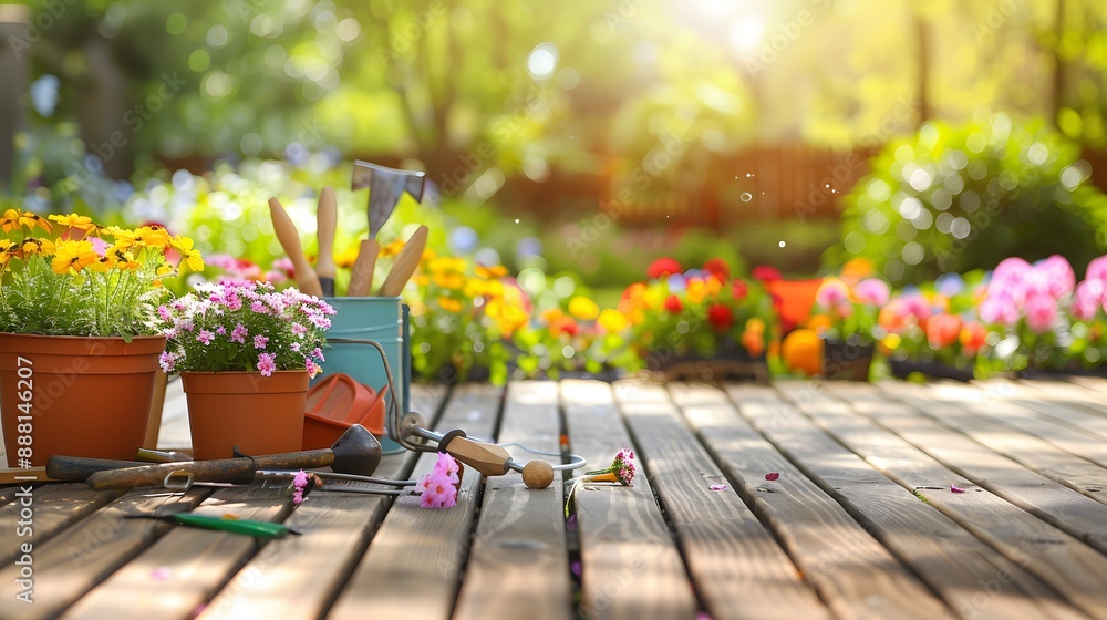 Gardening - Set Of Tools For Gardener And Flowerpots In Sunny Garden Gardening - Set Of Tools For Gardener And Flowerpots In Sunny Garden