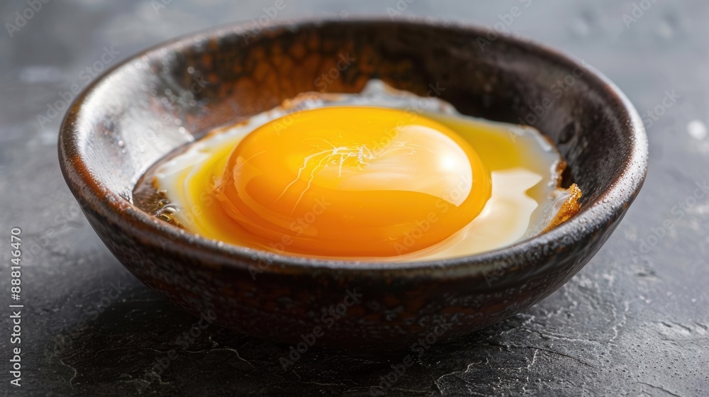 A close-up of a fresh raw egg yolk in a dark ceramic bowl, highlighting its vivid yellow color. Perfect for culinary and food photography. A close-up of a fresh raw egg yolk in a dark ceramic bowl, highlighting its vivid yellow color. Perfect for culinary and food photography.