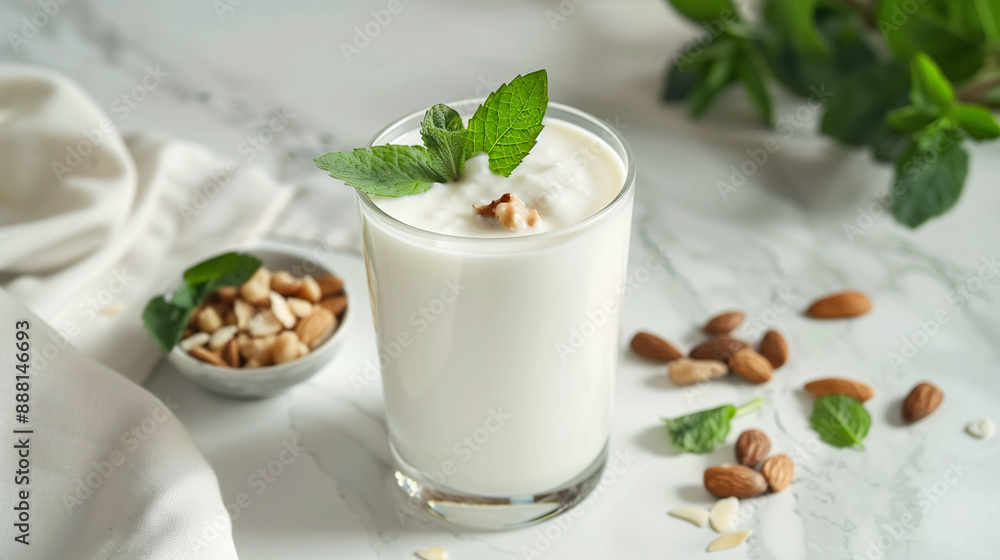 a glass of plain kefir, garnished with a mint leaf, set on a white marble surface with a small bowl of nuts and seeds beside it a glass of plain kefir, garnished with a mint leaf, set on a white marble surface with a small bowl of nuts and seeds beside it