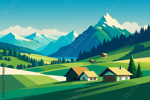 Mountain green field landscape with wooden houses vector illustration