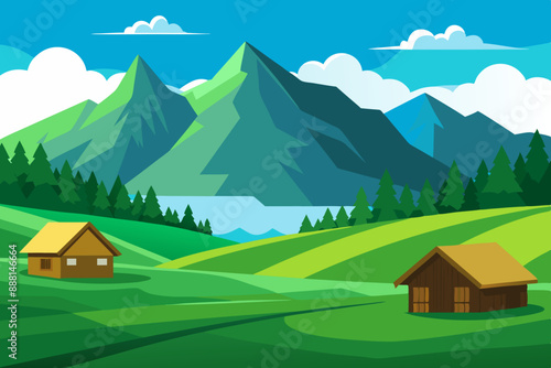 Mountain green field landscape with wooden houses vector illustration