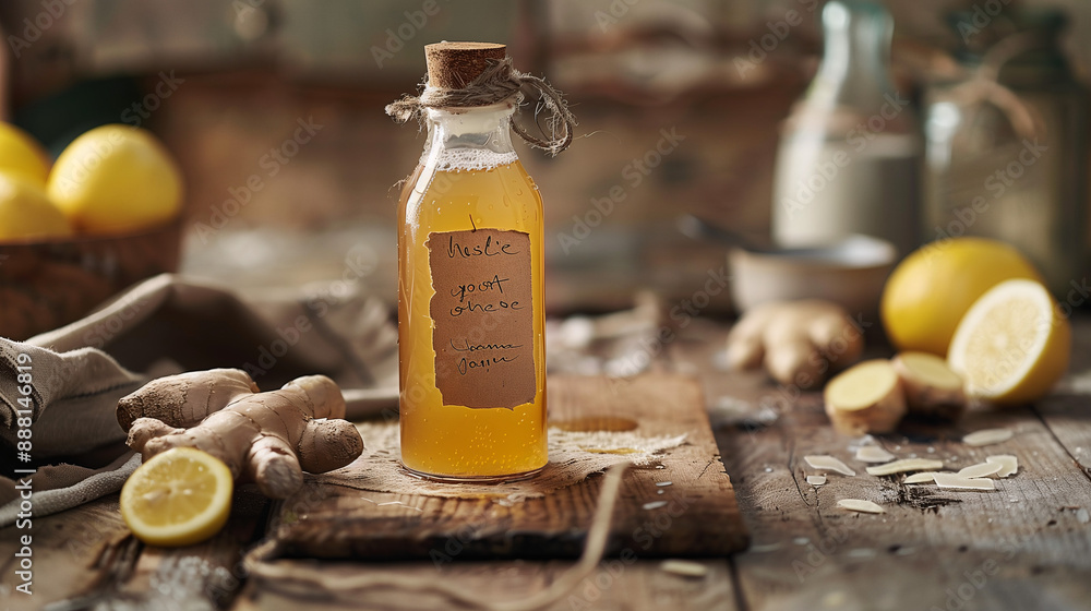a house-made kombucha, served in a glass bottle with a handwritten label, set on a rustic wooden table with a backdrop of fresh ingredients like ginger and lemons a house-made kombucha, served in a glass bottle with a handwritten label, set on a rustic wooden table with a backdrop of fresh ingredients like ginger and lemons