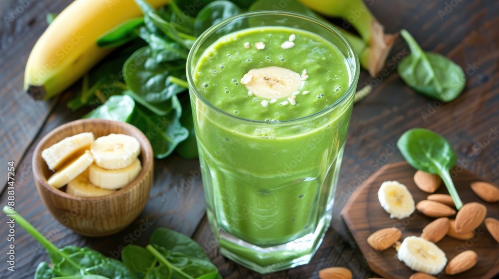 A smoothie made with spinach, banana, and almond milk in a glass, highlighting a healthy beverage A smoothie made with spinach, banana, and almond milk in a glass, highlighting a healthy beverage