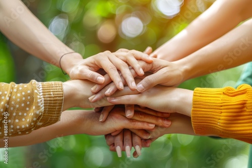 7. Friends stacking their hands on top of each other in a gesture of solidarity. Sharp Focus, High-resolution photograph captured using Canon EOS R5 camera.