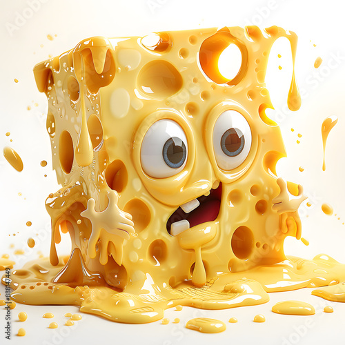 Cartoon cheese character with big eyes and wide smile melts into puddle on white background.Cheese is dripping from sides and forming pool underneathe. Character's expression is one of playful amuseme photo