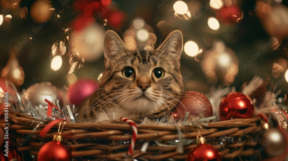 Obraz premium A cute tabby cat with wide eyes sits in a basket filled with Christmas ornaments, surrounded by festive holiday lights.