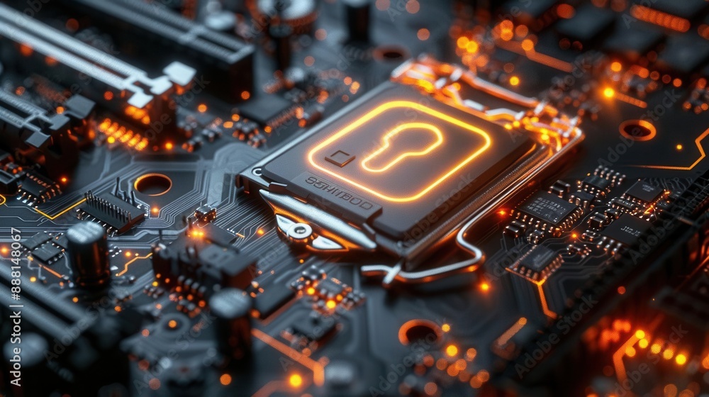 Closeup of motherboard, safety lock icon, secure connection, verified login credentials, wide banner design, glowing circuits, cybersecurity, Generative AI Closeup of motherboard, safety lock icon, secure connection, verified login credentials, wide banner design, glowing circuits, cybersecurity, Generative AI