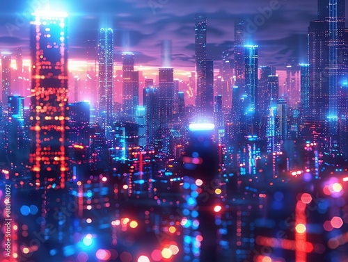 Cyber cityscape, skyscrapers with data streams to cloud, wideangle view, dusk lighting, neon hues, futuristic technology in action, digital connectivity