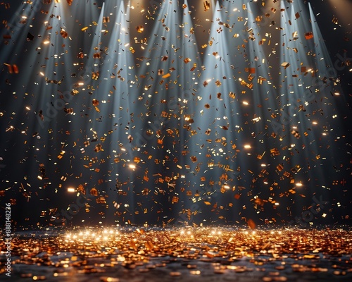 Golden confetti, central stage light beam, empty room at night, festive and vibrant, mockup for award ceremonies, jubilees, New Years parties, product reveals