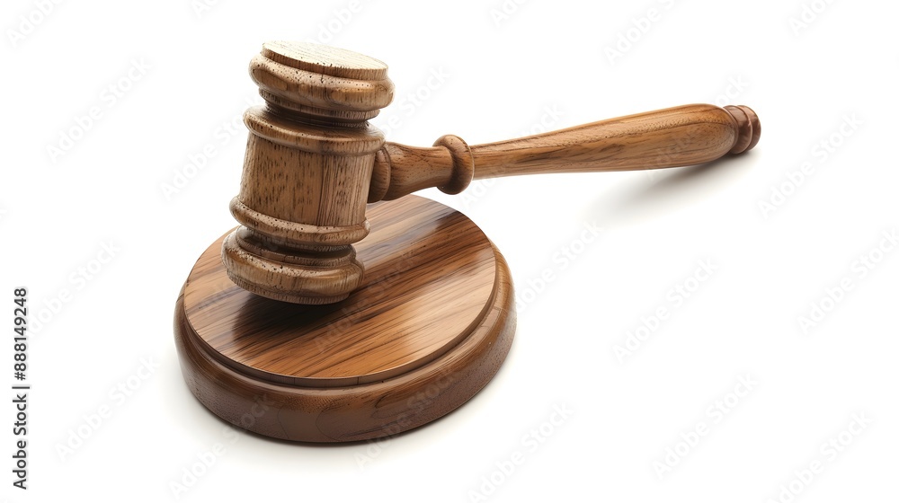 Wooden judge gavel resting on a sound block isolated on white background Wooden judge gavel resting on a sound block isolated on white background