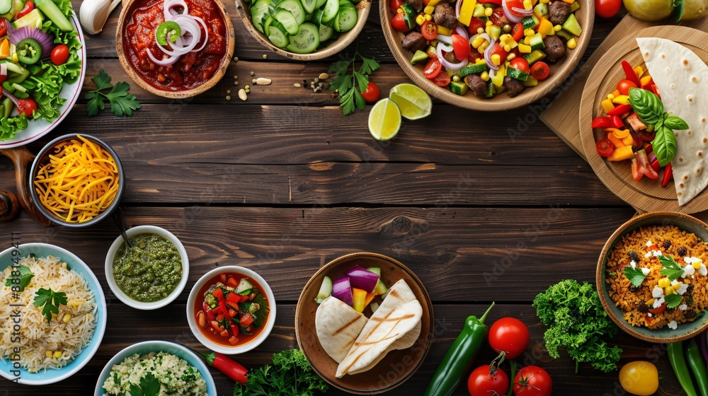 Mexican food dishes on rustic wooden table with copy space Mexican food dishes on rustic wooden table with copy space