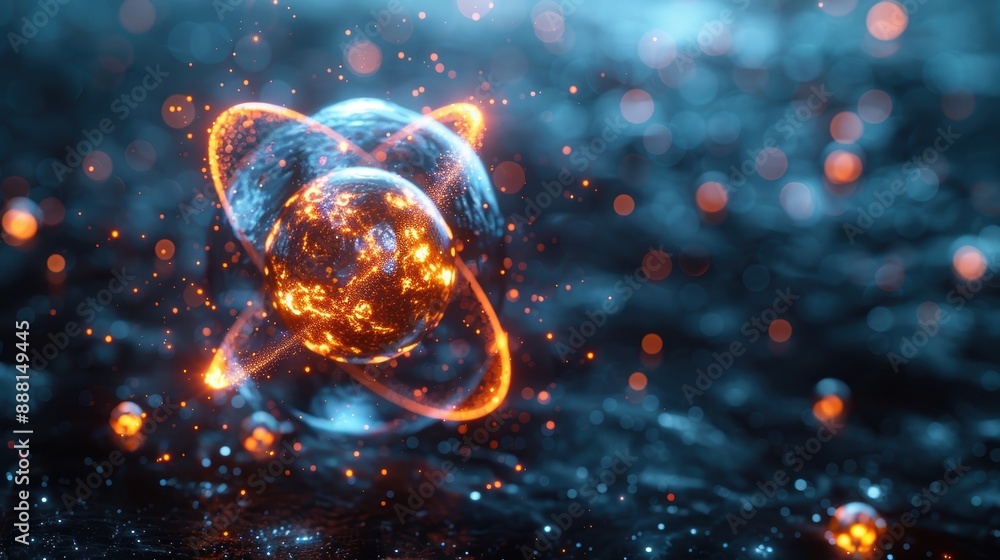 Atom icon on dark background with glowing energy balls, electrons. Physics concept Atom icon on dark background with glowing energy balls, electrons. Physics concept