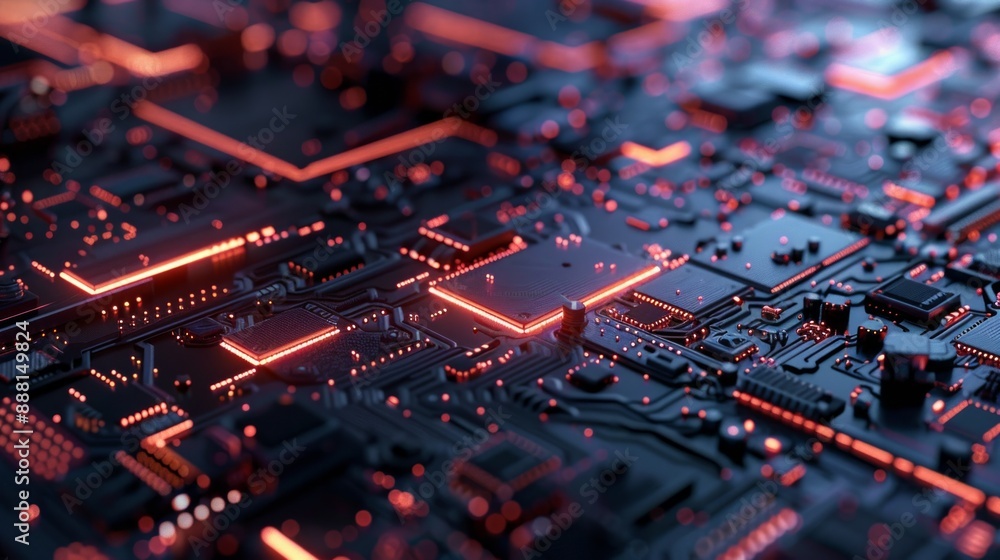 Circuit Board with Glowing Red Lines Circuit Board with Glowing Red Lines