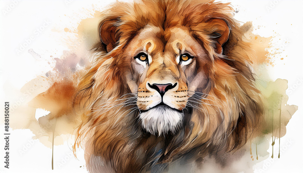 Fototapeta premium Watercolor painting of majestic lion with flowing mane, isolated on a white background. Wild animal