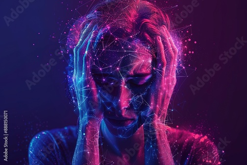 Brain diseases problem cause chronic severe headache migraine. Female adult look tired and stressed