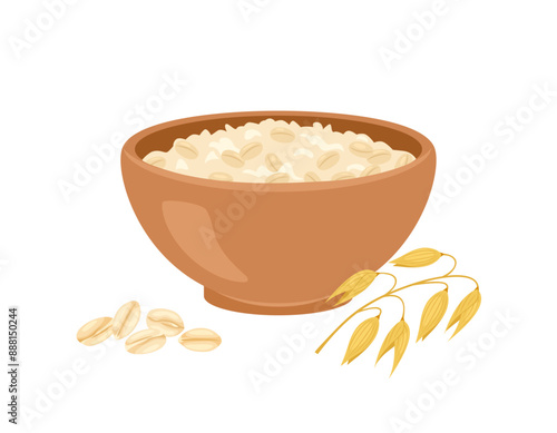 Oatmeal porridge in brown bowl, ear and oat flake. Vector cartoon flat illustration of healthy food.