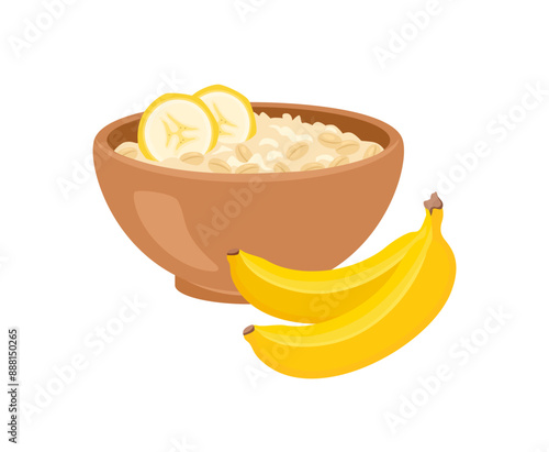 Oatmeal porridge in brown bowl, ear and oat flake with banana. Vector cartoon flat illustration of healthy food.
