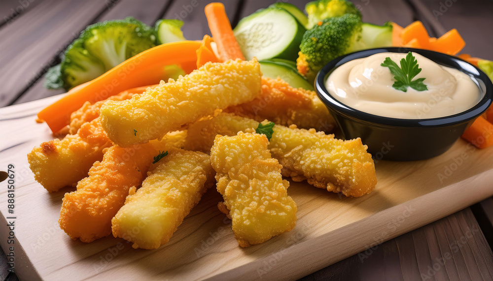 Golden-brown fish sticks, fresh veggies, and a zesty dip on a wooden board Golden-brown fish sticks, fresh veggies, and a zesty dip on a wooden board