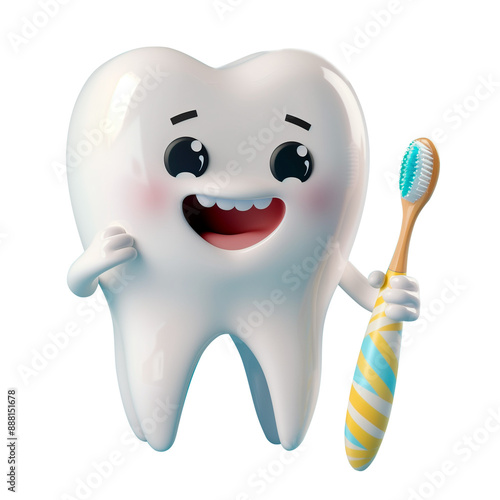 3d happy tooth cartoon character holding toothbrush on isolated background