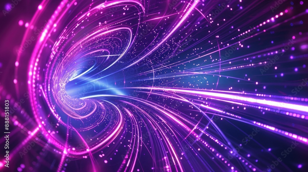 Obraz premium Vibrant abstract neon background featuring a space tunnel twisting to the left, illuminated by ultra violet rays and glowing lines, 