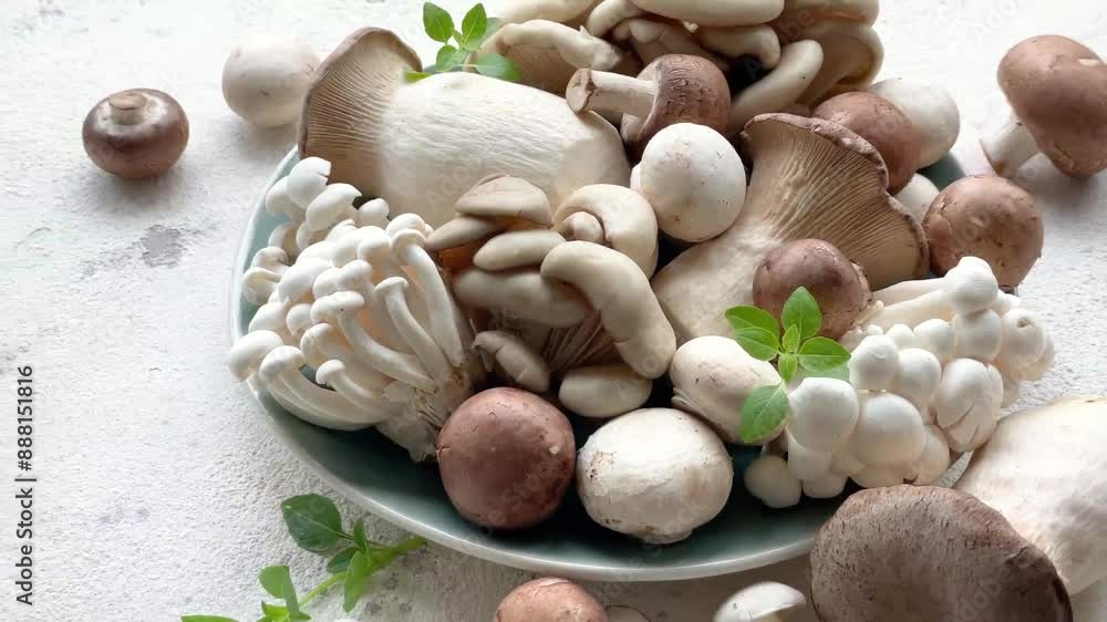 Assortment of various raw mushrooms on gray concrete background Assortment of various raw mushrooms on gray concrete background
