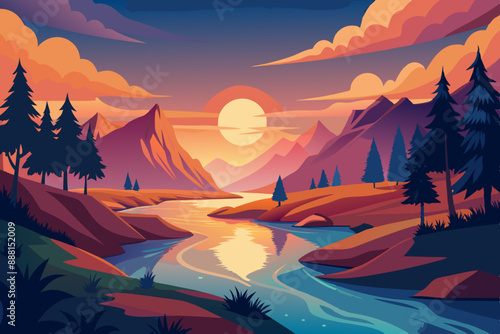 Vector illustration of a river landscape at sunset