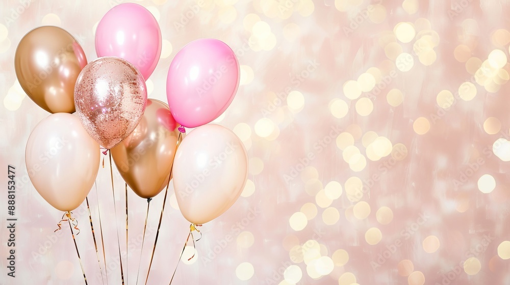 pink and gold balloons with bokeh , copy space concept for wallpaper or background pink and gold balloons with bokeh , copy space concept for wallpaper or background