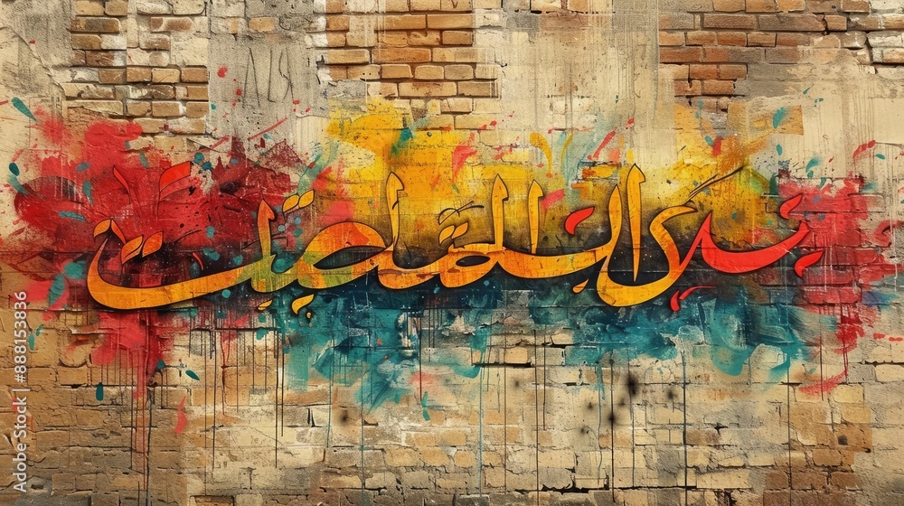 Naklejka premium Vibrant graffiti art on brick wall showcasing colorful Arabic calligraphy.