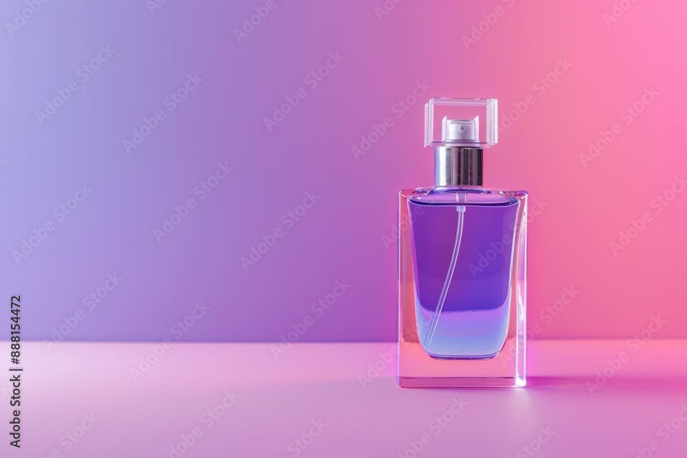 Perfume bottle with pink and purple gradient background, side angle Perfume bottle with pink and purple gradient background, side angle
