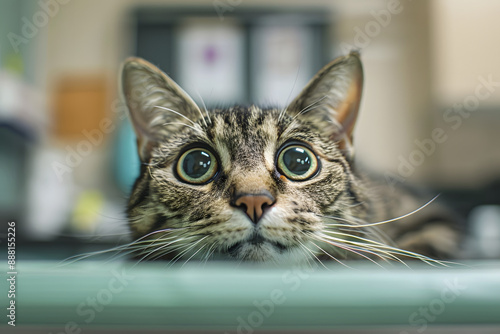 Close up of scared tabby cat with large eyes on examination table in vet clinic