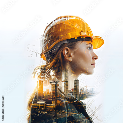 Doble exposición de mujer arquitecto con edificios de fondo