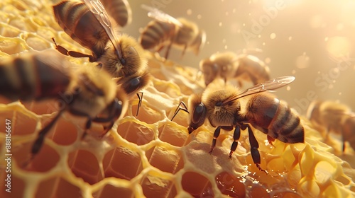 Bees swarming on honeycomb, extreme macro footage. Insects working in wooden beehive, collecting nectar from pollen of flower, create sweet honey. 