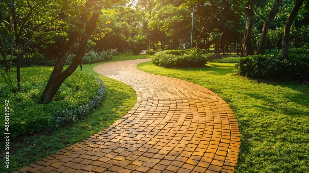 Fototapeta premium Golden brick circle shaped pathway in a serene park, ideal for elegant outdoor designs --ar 16:9 Job ID: 4225b263-e6be-4c13-a625-123de03f5261