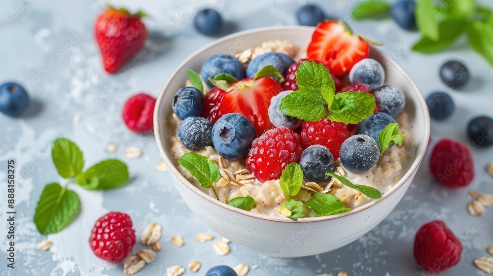 Balanced breakfast with oats and berries, nutritious start, weight loss meal Balanced breakfast with oats and berries, nutritious start, weight loss meal