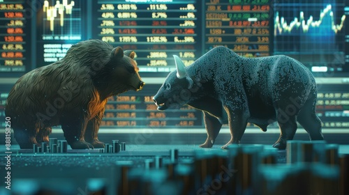 A dramatic render of a bear and bull symbolizing market trends in front of stock trading data visualization