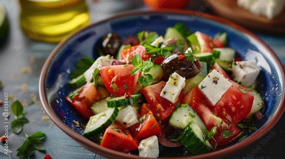 A vibrant Greek salad with tomatoes, cucumbers, olives, and feta cheese A vibrant Greek salad with tomatoes, cucumbers, olives, and feta cheese