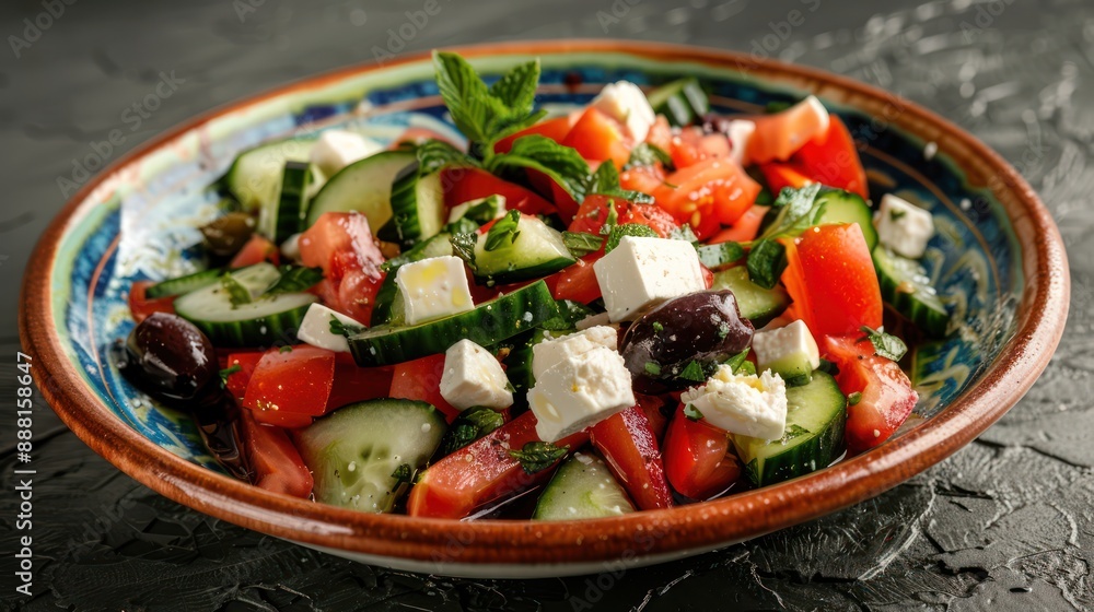 A vibrant Greek salad with tomatoes, cucumbers, olives, and feta cheese A vibrant Greek salad with tomatoes, cucumbers, olives, and feta cheese