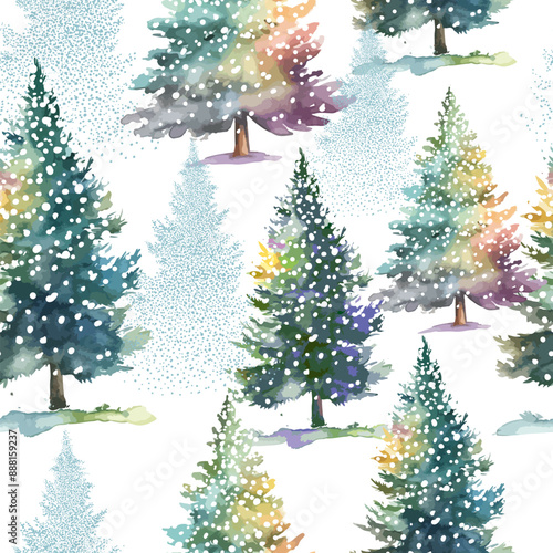 Christmas. Winter background. Winter Forest background. Pine, spruce, watercolor christmas tree. Snowy graphic trees seamless pattern panorama view. hand drawing. Not AI, Vector illustrations