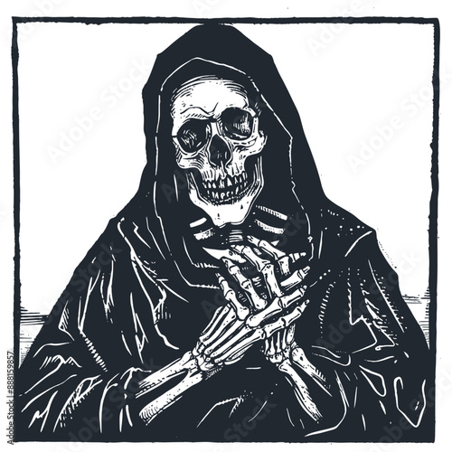Skeleton in monk's hood praying, Day of Dead, vector illustration