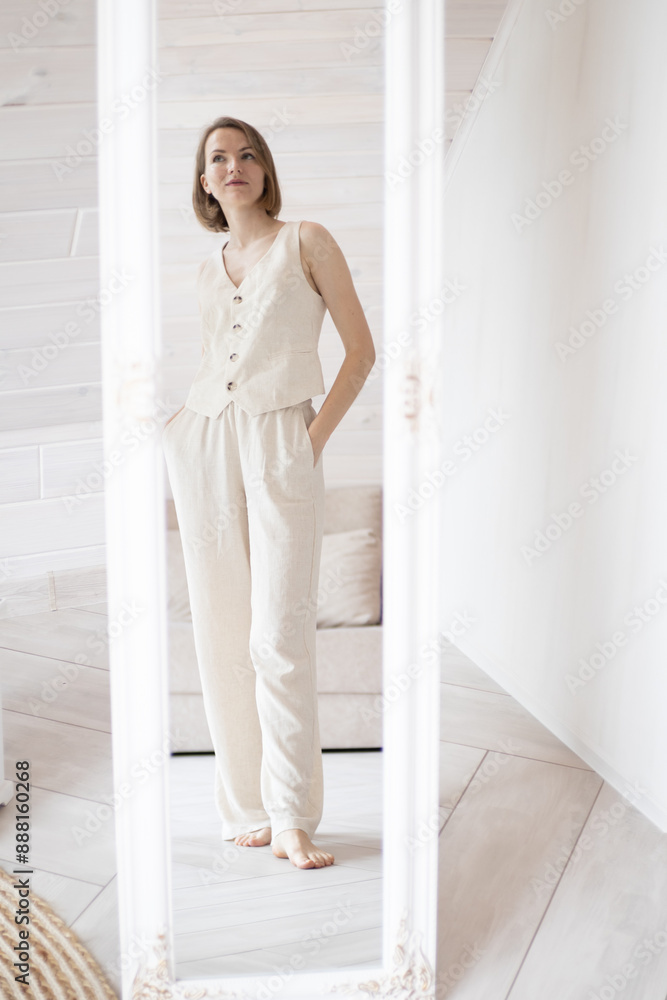 Beautiful successful businesswoman at home with modern renovation. Business coach, online courses, marketing sales trainer. Blogger or influencer concept. Beautiful successful businesswoman at home with modern renovation. Business coach, online courses, marketing sales trainer. Blogger or influencer concept.