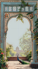 Mughal garden with peacock, bird, arch illustration for invitation