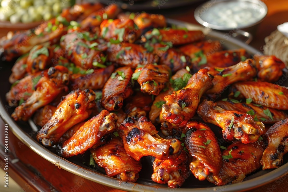 Plate of wings with lettuce and sauce, perfect for a delicious appetizer, A platter of spicy buffalo wings, AI generated Plate of wings with lettuce and sauce, perfect for a delicious appetizer, A platter of spicy buffalo wings, AI generated