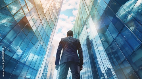 Back of businessman in suit with business office glass modern buildings background