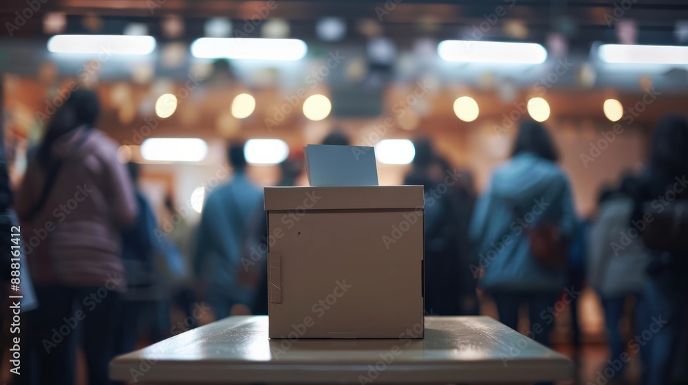 Ballot box on a table with blurred voters in the background, highlighting the voting process and civic participation. Ballot box on a table with blurred voters in the background, highlighting the voting process and civic participation.