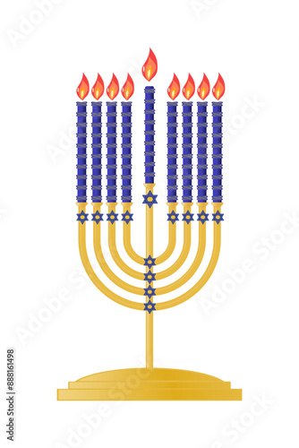 Menorah with david star vector illustration, happy hanukkah judaism religious holidays hebrew celebration, candelabrum with candles. Hebrew lampstand isolated on white background. Jewish holiday. 