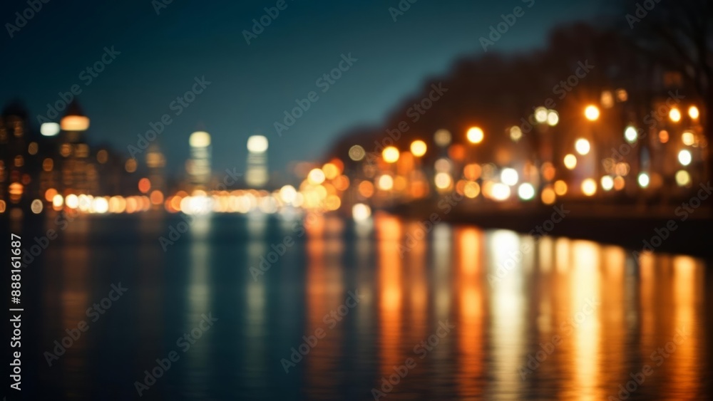 Glowing cityscape at dusk with reflections on water Glowing cityscape at dusk with reflections on water