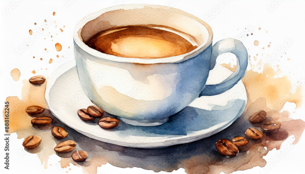 Coffee cup with coffee beans, watercolor illustration Coffee cup with coffee beans, watercolor illustration